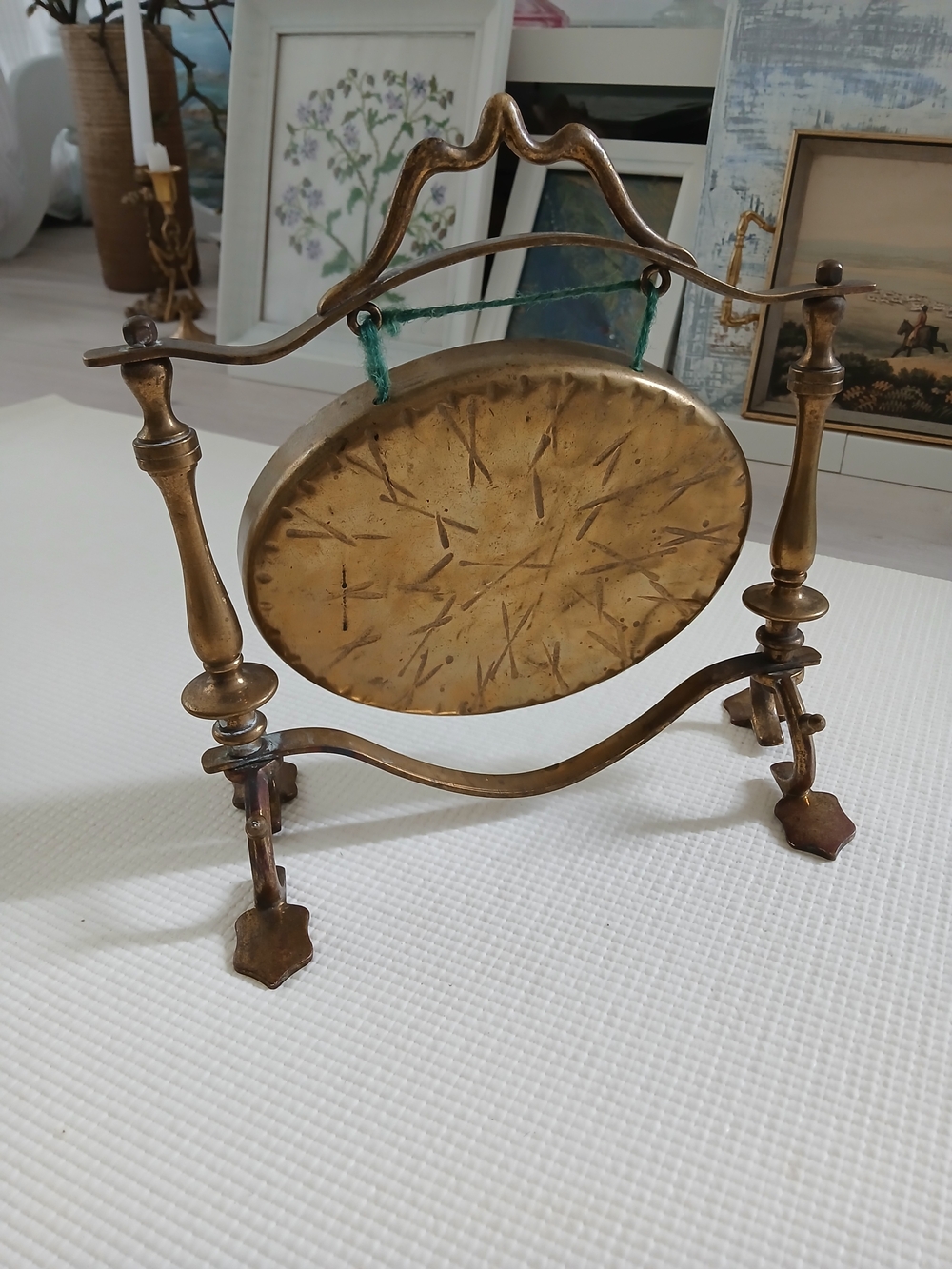 Antique Solid Brass Gong on the stand, oval shape,pattina, 9x10,as is, very rare